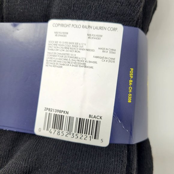 Polo Ralph Lauren Classic Sport Crew Socks Black Red BIG PONY Logo 6-Pack Pair - Picture 3 of 3